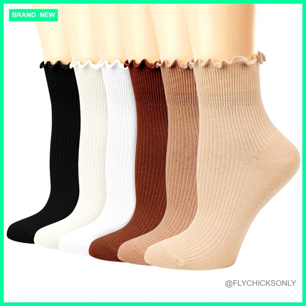 6 Pack Cotton Ruffle Crew Socks, Ankle Length, Breathable & Soft
